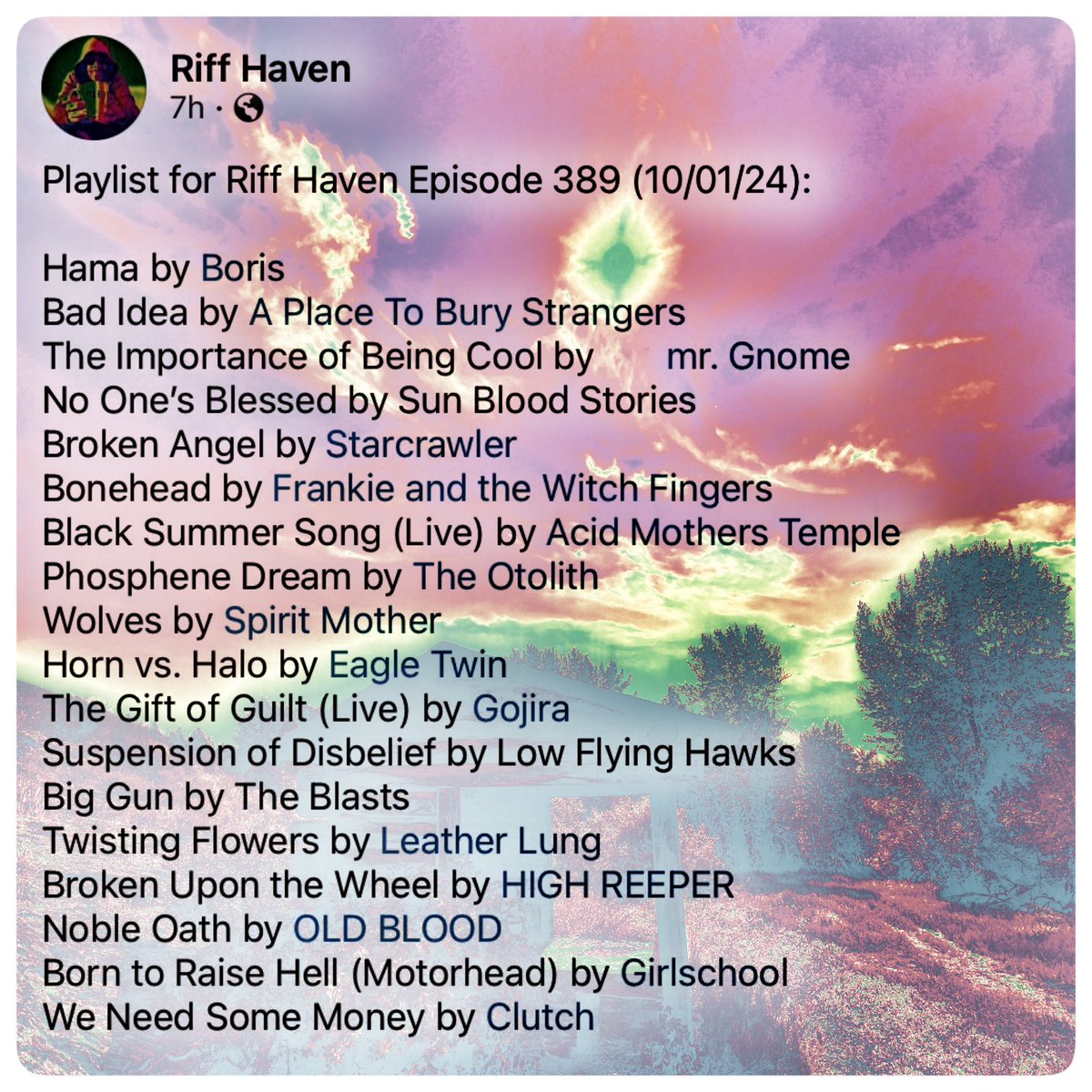 RiffHaven's tweet photo. #Riffhaven #radioboise #Boris #APTBS #MrGnome #SunBloodStories #Starcrawler #FrankieandtheWitchFingers #AcidMothersTemple #TheOtolith #SpiritMother #EagleTwin #Gojira #LowFlyingHawks #TheBlasts #LeatherLung #HighReeper #OldBlood #Girlschool #Clutch https://t.co/b6HnlBkE4d