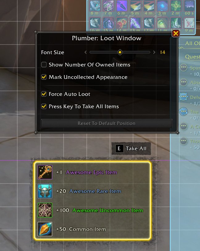 Peterodox's tweet photo. Loot Window has been added the Plumber add-on. This module is disabled by default.

Some QoL features:
1. Fix the occasional Auto Loot failure.
2. Alert you when the currency reached the cap.
3. Mark items with uncollected appearance.
4. A Take All button for Manual Loot. https://t.co/CbxDBx68hl