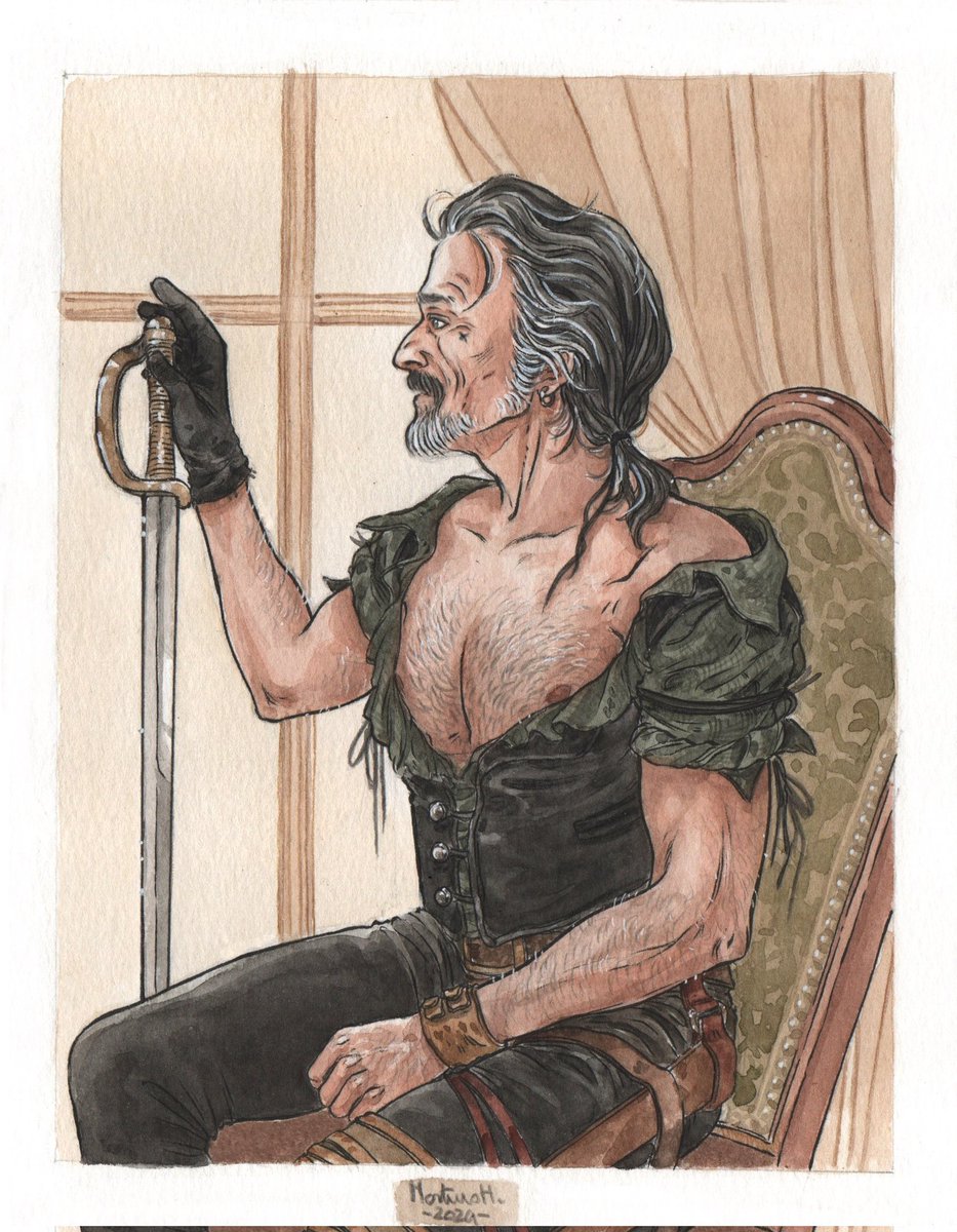 Listen, I'm a simple duck, I saw the painting below and: boobs + sword = Izzy Hands, correct?  
Based on:
"Young woman with a sword"
by Jules-Elie Delaunay 

#OFMD 
#OFMDfanart 
#Izzyhands