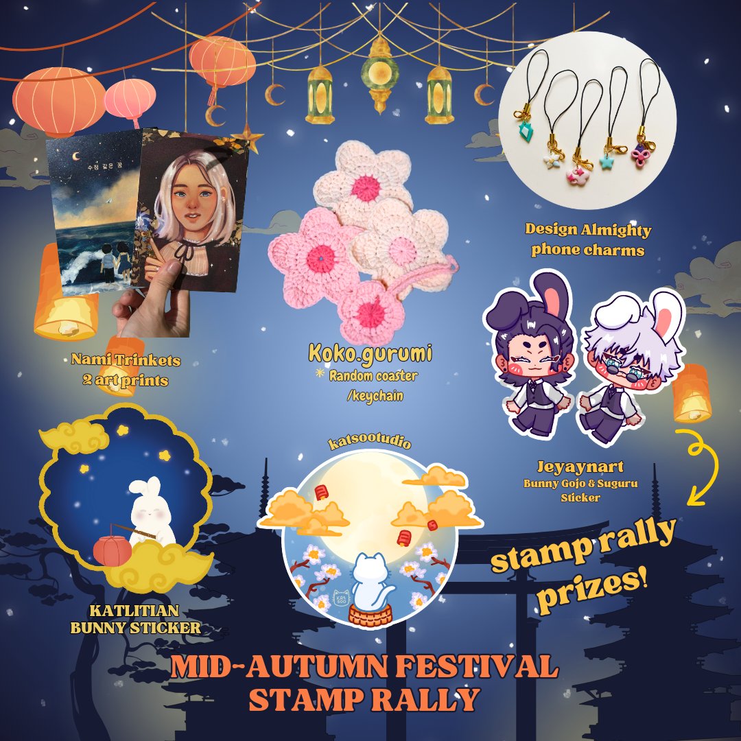 Join our stamp rally at cosmania this weekend. Collect stamps from all 6 artists and get an exclusive prize from us. 🌕🐇✨️

Participating artists:
- <a href="/Koko_gurumi/">koko.gurumi 🐻 FK-02(Cosmania)✨️</a> (LR-02)
-<a href="/katlitian/">Katlitian 😸 SANCTUM LUNA MARKET TABLE 35</a> , <a href="/jeyaynart/">jyn ⭐</a> , <a href="/katsootudio/">katsootudio</a> (FM-01)
- <a href="/namiirin_/">nami🎐☁️ gachaverse #51</a>, <a href="/artsyandeng/">✧ andy ☁️🌞</a> (FH-05) 
#cosmania2024 #cosmania