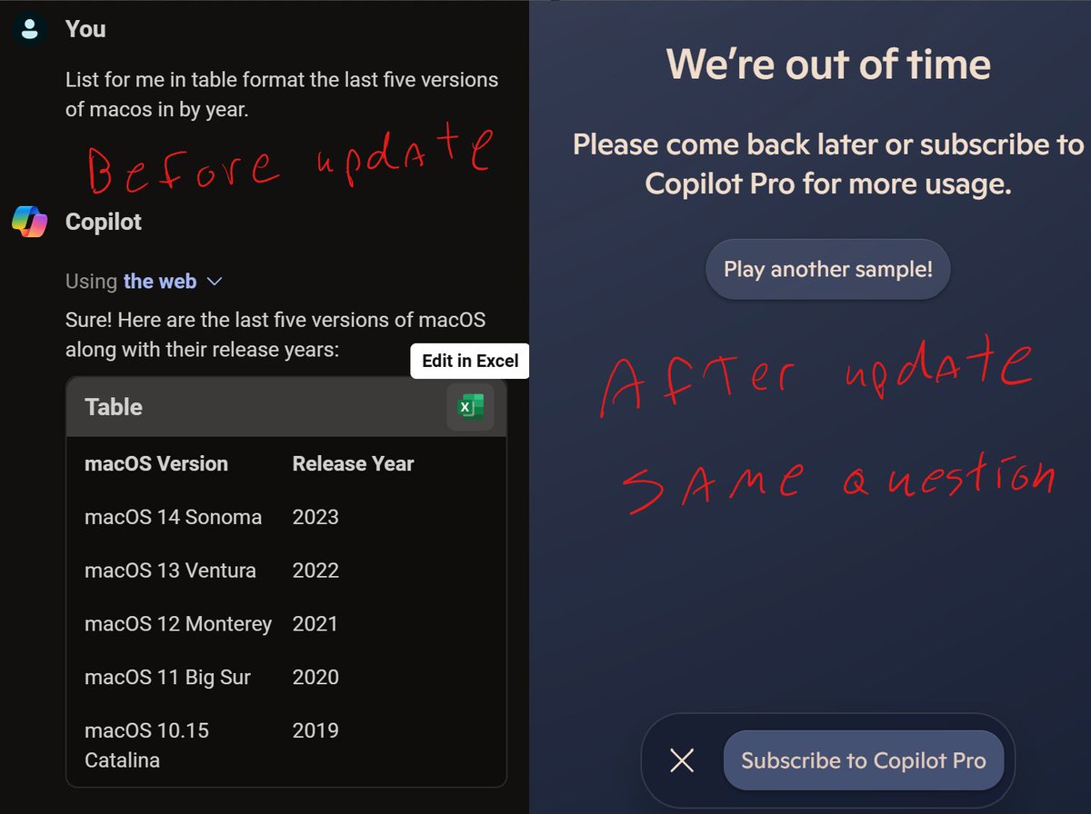 Yesterday I was in Heaven, AI was teaching me all the things I never knew, and listing tables of information instantly, today it literally told me to "come back later while I go save the world".  My productivity just went into the toilet #copilot #newcopilot