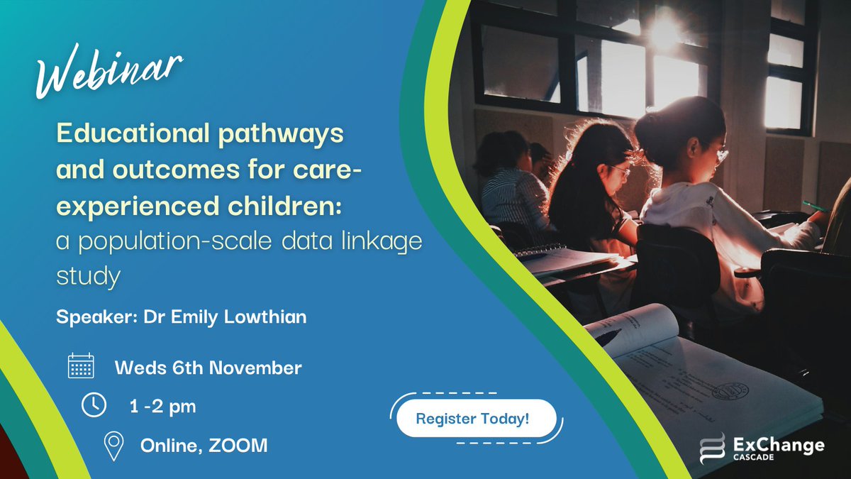 Webinar:
"Educational pathways &amp; outcomes for care-experienced children: a population-scale data linkage study" 

📣 Dr Emily Lowthian (@LowthianEmily)
📅 Weds 6th Nov
📍 Online, ZOOM

Find out more &amp; sign up today:
cardiff.zoom.us/webinar/regist…

#SocialCare #CareExperience