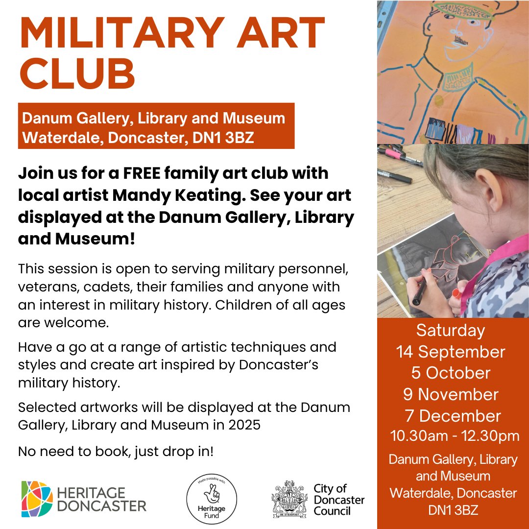 Military Art Club!
10.30am – 12.30pm
Join us for a FREE family art club on Saturday 5 October with local artist Mandy Keating. These sessions are open to serving military personnel, veterans, cadets and their families and anyone with an interest in military history.
