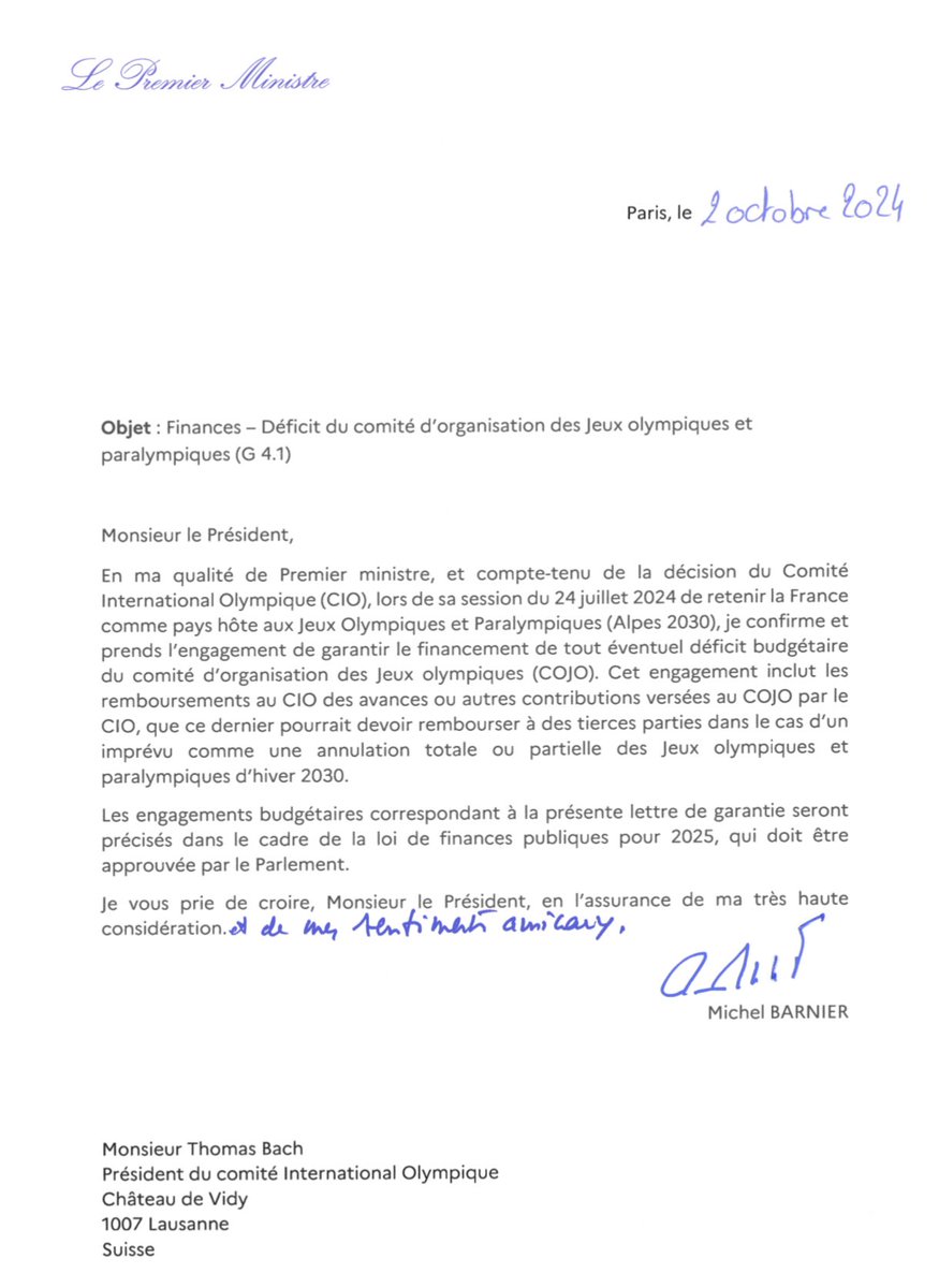 La lettre de garantie pour les Jeux olympiques et paralympiques d’hiver, dans les Alpes françaises en 2030, est signée !

Merci au Premier Ministre <a href="/MichelBarnier/">Michel Barnier</a> d’engager la France dans ce projet exceptionnel pour nos territoires.

Moins de trois ans après notre intention de