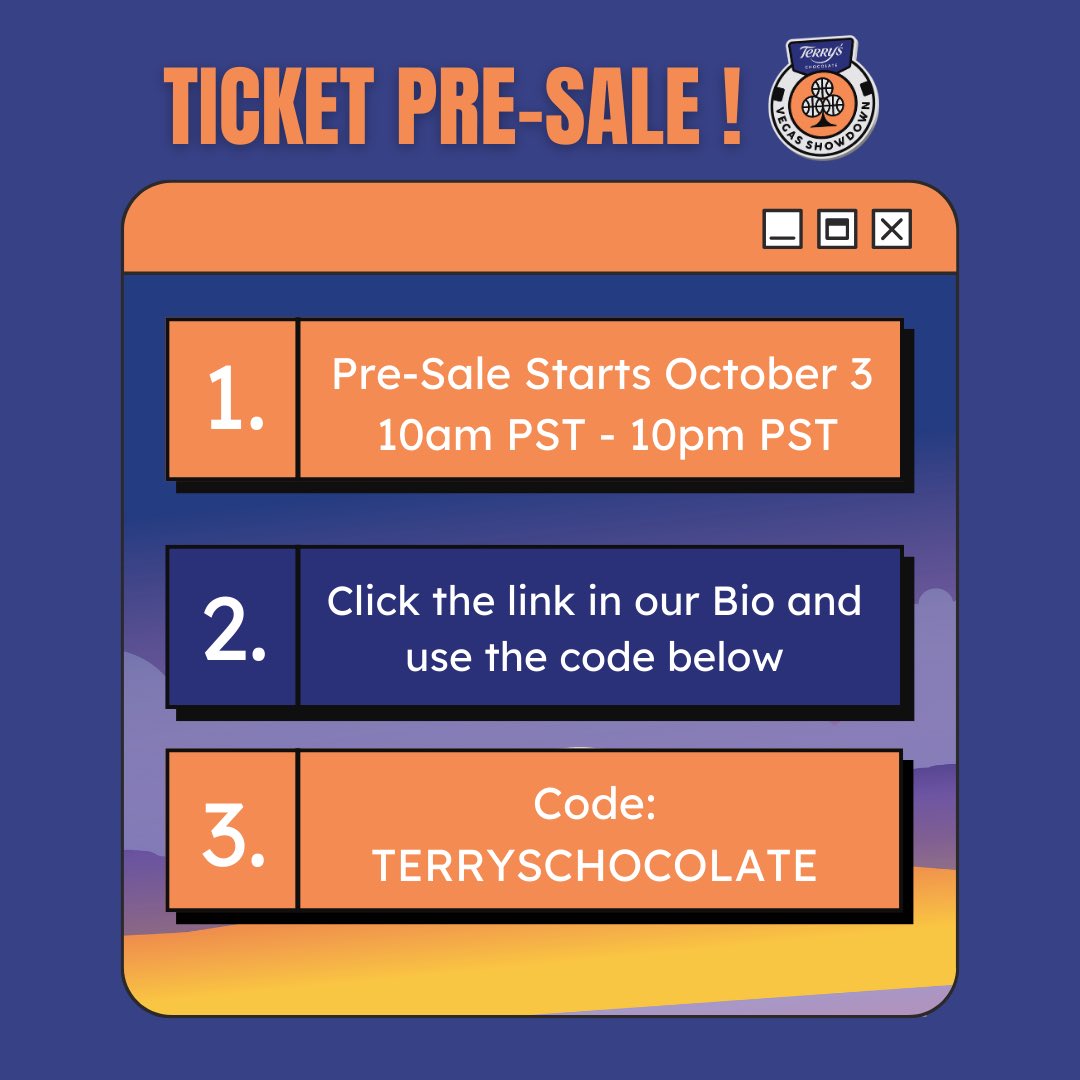 🚨SET A REMINDER🚨

On October 3rd, from 10am PST to 10pm PST pre-sale tickets will be available to purchase ‼️

Steps on how to purchase ⬇️
1. Click the link  below
2. Use the code “TERRYSCHOCOLATE”

axs.com/events/576634/…

Come to Vegas to enjoy some great college basketball🔥
