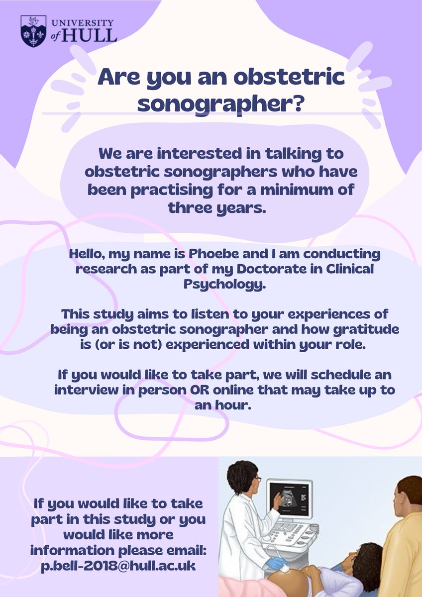 BMUS (Ultrasound) (@bmus_ultrasound) on Twitter photo Can you help with this Doctorate research project?
Research title: "Exploring the role of gratitude among obstetric sonographers"
Who can participate?
HCPC registered Obstetric sonographers who have practised for three years.
Email for contacting: p.bell-2018@hull.ac.uk Can you help with this Doctorate research project?
Research title: "Exploring the role of gratitude among obstetric sonographers"
Who can participate?
HCPC registered Obstetric sonographers who have practised for three years.
Email for contacting: p.bell-2018@hull.ac.uk
