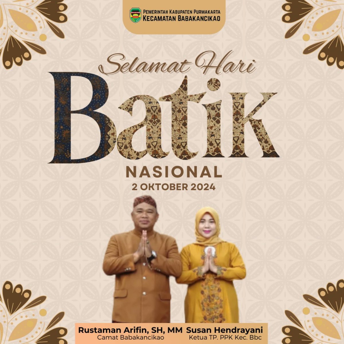 KecBbc's tweet photo. Selamat Hari Batik Nasional 02 Oktober 2024.

#BanggaBerbatik 
#BbcSomeah
#Purwakarta https://t.co/USBvtCoW66