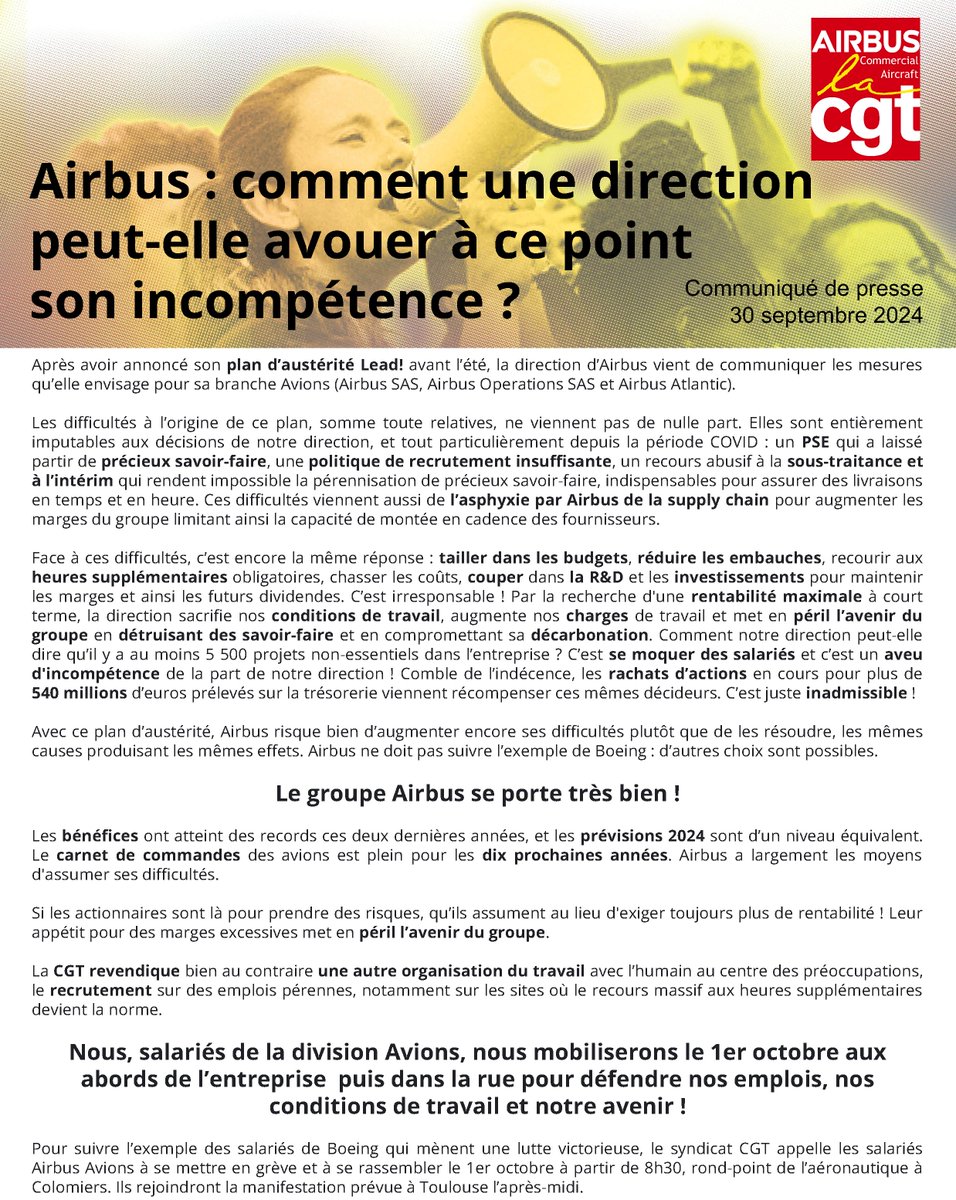 Le communiqué de presse de la CGT Airbus Avions concernant le plan Lead! et la mobilisation du 1er octobre #airbus #toulouse #commercial #aircraft #lead
<a href="/lacgtcommunique/">La CGT</a>
<a href="/CGTCadresTechs/">Ugict - les Ingés Cadres Techs CGT</a>