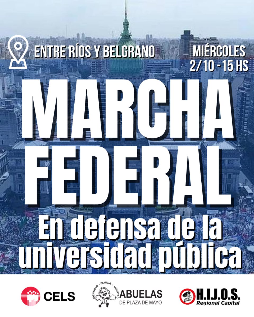 abuelasdifusion's tweet photo. 📣Hoy 2/10 nos encontramos en la marcha federal universitaria.
🕒15 horas
📍Movilizamos desde Entre Ríos y Belgrano al Congreso.
💪En defensa de la universidad pública #UniversidadPúblicaSiempre https://t.co/vJpse1HLrX