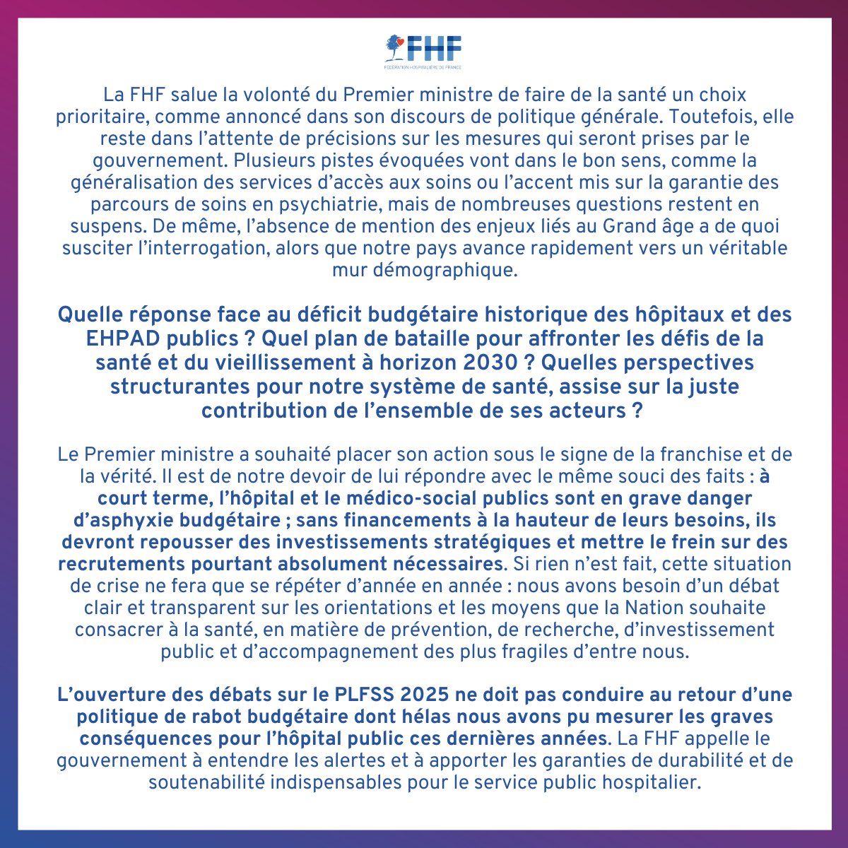 FHF (@lafhf) on Twitter photo Discours de politique générale 👉Le Premier ministre Michel Barnier a souhaité placer son action sous le signe de la franchise et de la vérité. Il est du devoir de la FHF de lui répondre avec le même souci des faits. ⤵️ Discours de politique générale 👉Le Premier ministre Michel Barnier a souhaité placer son action sous le signe de la franchise et de la vérité. Il est du devoir de la FHF de lui répondre avec le même souci des faits. ⤵️