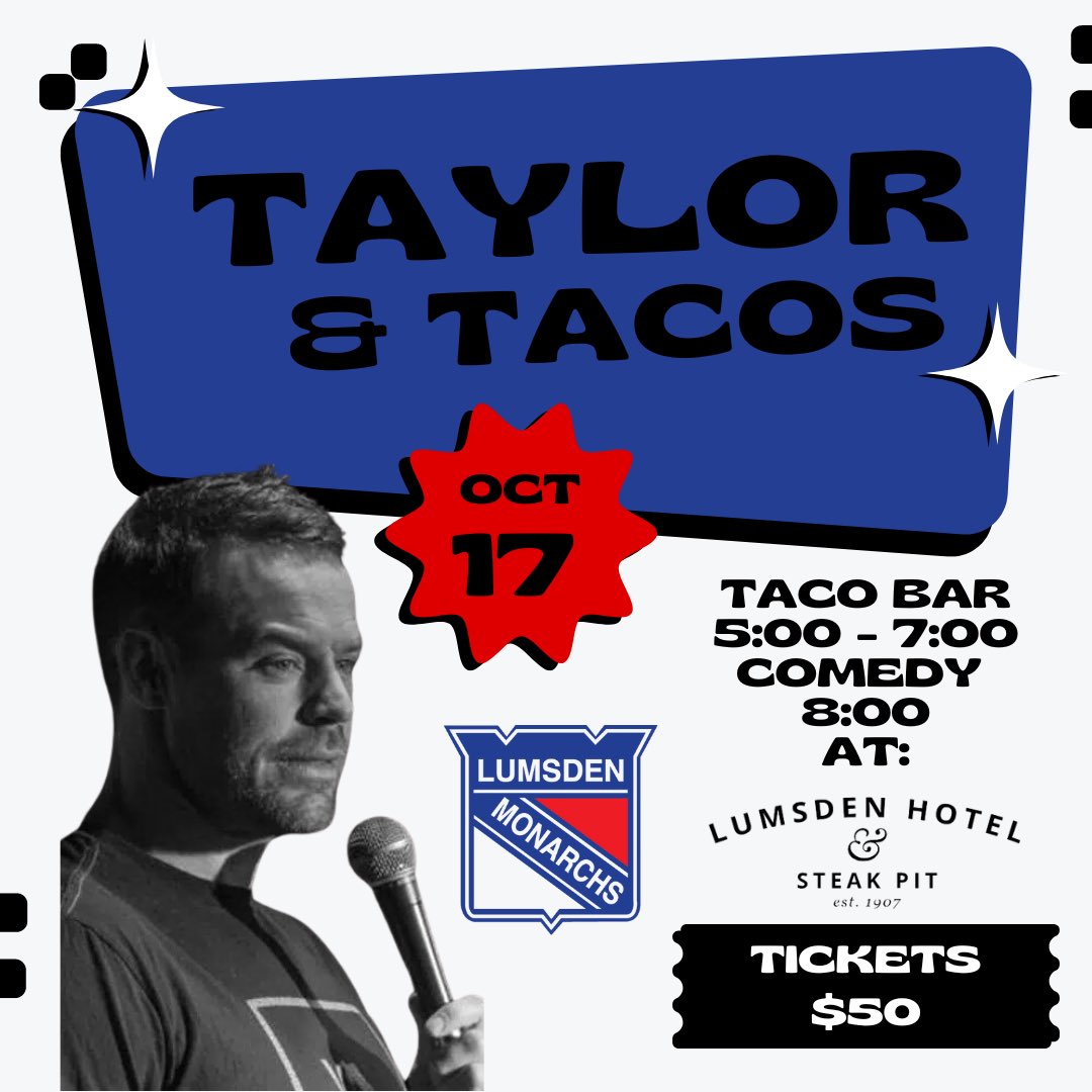 Lumsden Monarchs (@lumsdenmonarchs) on Twitter photo Join us for Taylor & Tacos to raise money for your Lumsden Monarchs! 🥳
Thursday, October 17th
@lumsdenhotelandsteakpit
🌮+🎙️ $50/person
Taco Bar includes chicken, beef, all the fixings and sauces from 5:00-7:00. <a href="/TicTaylor/">Kelly Taylor</a> takes the stage at 8:00. Join us for Taylor & Tacos to raise money for your Lumsden Monarchs! 🥳
Thursday, October 17th
@lumsdenhotelandsteakpit
🌮+🎙️ $50/person
Taco Bar includes chicken, beef, all the fixings and sauces from 5:00-7:00. <a href="/TicTaylor/">Kelly Taylor</a> takes the stage at 8:00.