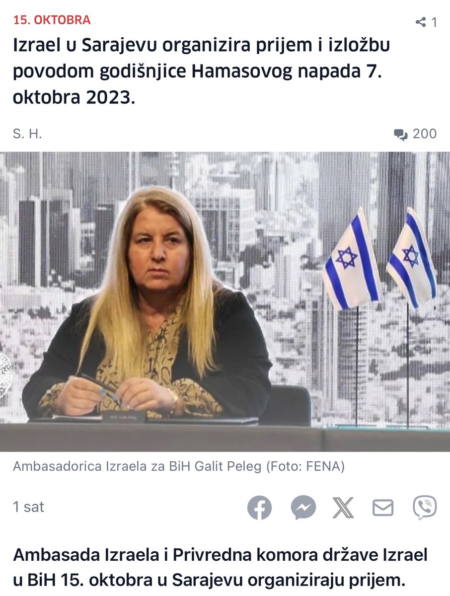 Iz medija sam saznala da Ambasada Izraela u našem Sarajevu namjerava organizovati izložbu i prijem povodom 7. oktobra i terorističkog akta Hamasa. 

Osjećam obavezu da javno osudim bilo kakav čin koji jednostrano prikazuje patnje jednog naroda, dok se paralelno ignoriše genocid u