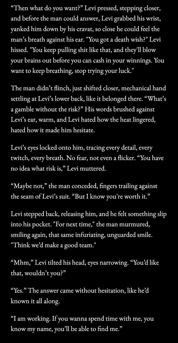 Here is the wip of my cyberpunk brothel Au: eruri meet in a casino after levi helps erwin cheat in blackjack and avoid the droid police. Excited for the #levidarkweek #wipwednesday
