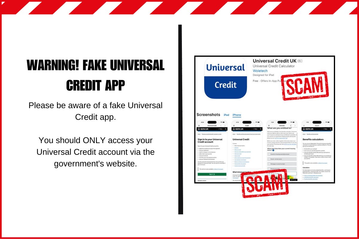 We’ve been made aware of a FAKE Universal Credit app.

There is NO official app for managing Universal Credit.

If you have downloaded the app please delete it. 

Universal Credit can ONLY be accessed at gov.uk/universal-cred…