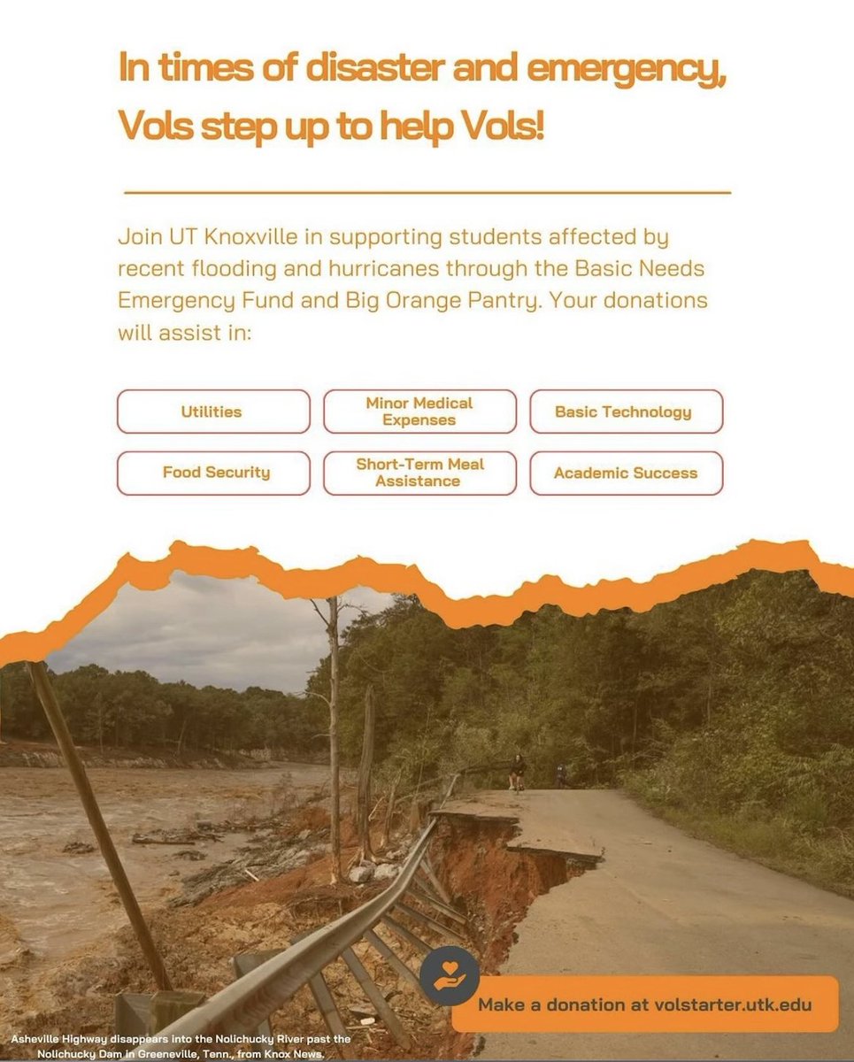 tennalum's tweet photo. In times of need, Vols help Vols! Support students affected by recent disasters by giving to the Basic Needs Emergency Fund and Big Orange Pantry. 

Your gifts will assist in: utilities, minor medical expenses, food security, short-term meal assistance, and more. 
https://t.co/VoXvKhME40
