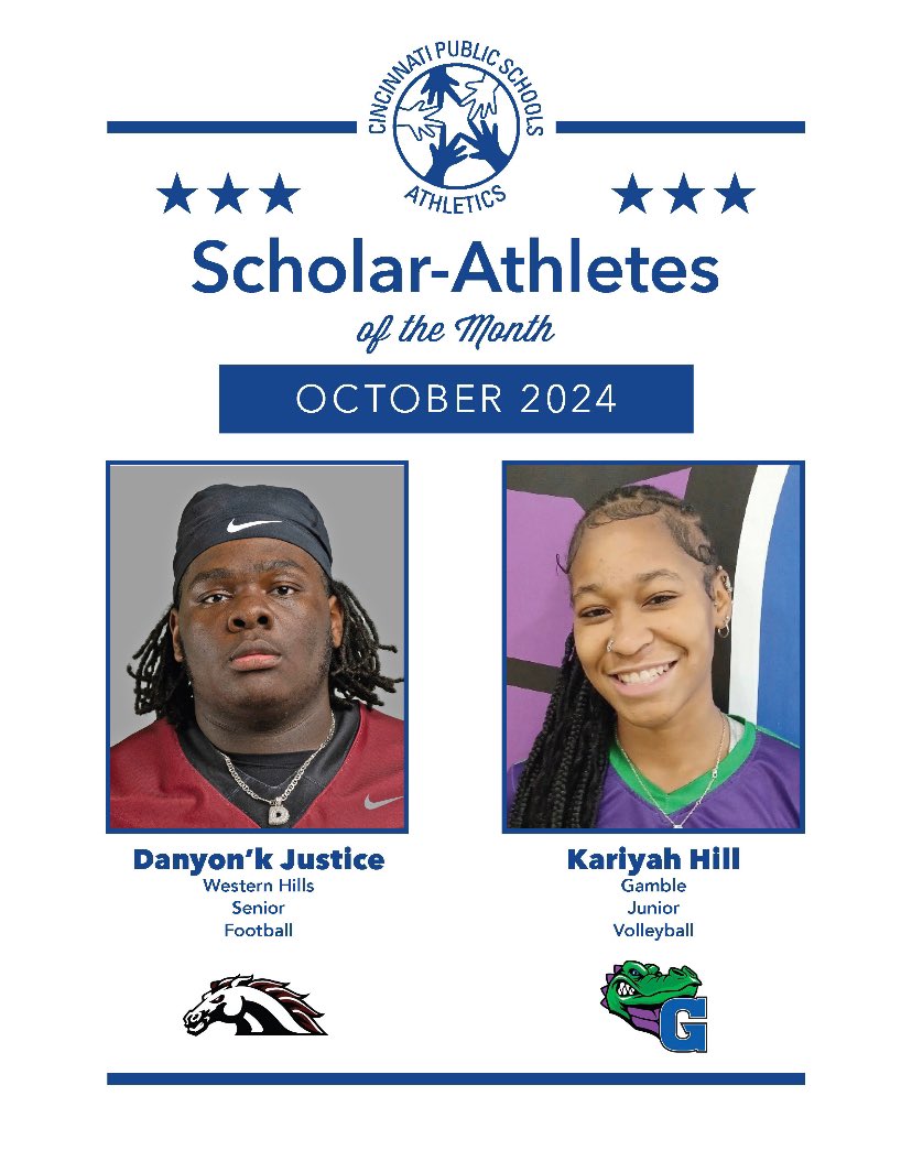 iamcpsathletics's tweet photo. Congratulations to our @IamCPS Scholar-Athlete of the Month winners for October! Honored for their excellence in the community, the classroom and on their respective field of play! 

Kariyah Hill (Jr, Volleyball) 
@GMGators 

Danyon’k Justice (Sr, Football) 
@WestHiMustangs https://t.co/zOVM2LIFuZ