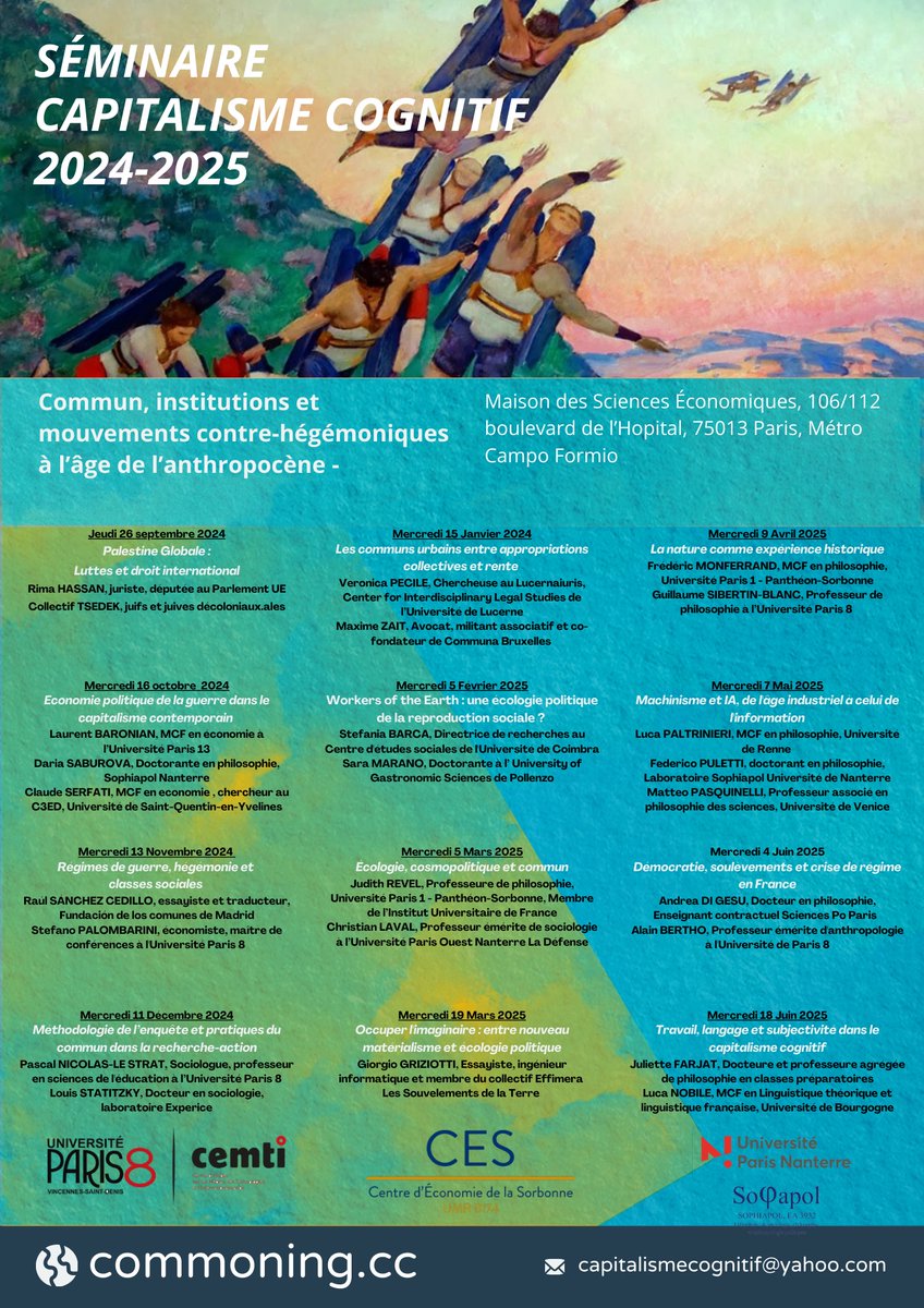Nous publions le programme du Séminaire capitalisme cognitif 2024-2025 !!  <a href="/cemti_paris8/">CEMTI</a> <a href="/sophiapol_labo/">Sophiapol</a> @CESActu

12 séances à ne pas rater ! 

prochaine rdv le mercredi 16 octobre à 18h 👇