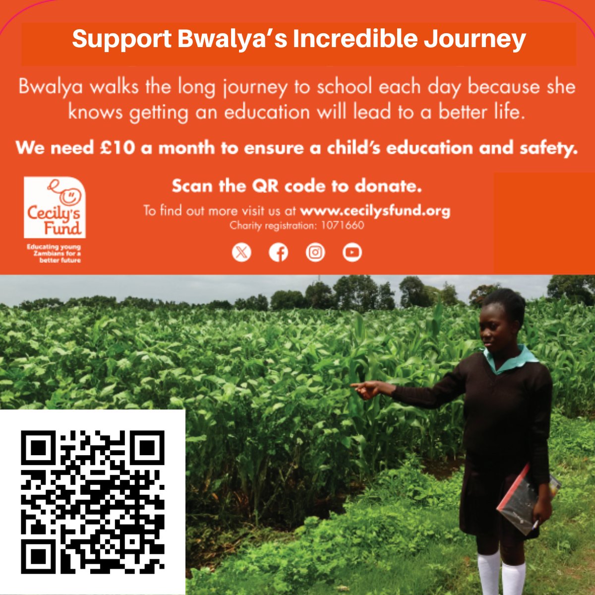 Help Bwalya on her journey: Bwalya walks the long journey to school each day because she knows getting an education will lead to a better life in her home country of Zambia.
Please consider donating to Cecily’s Fund today at:Donate | Cecily's Fund (cecilysfund.org)