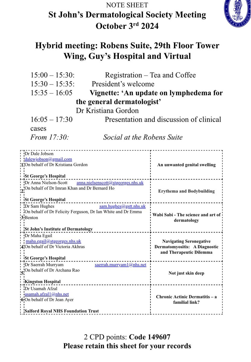 Clinical meeting 03 October 2024. Guy’s floor 29. Hybrid meeting