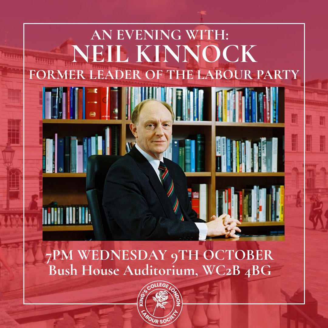 We are delighted to share that we will be joined by Neil Kinnock, former Leader of the Labour Party, on Wednesday 9th October at 7pm for a discussion and Q&amp;A about his life, career and the challenges ahead for the new Labour government.

Tickets below ⬇️

docs.google.com/forms/d/e/1FAI…