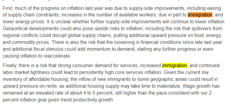 JustinWolfers's tweet photo. Senator, it's best to avoid selective screenshotting.

The prior paragraph (which your staff omitted), suggests that inflation has *fallen* partly due to immigration. 

You only screenshotted the second paragraph, which says the effect *could* go the other way. ¯\_(ツ)_/¯ https://t.co/dCT8il3XZu