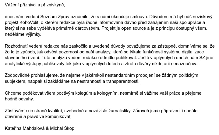 Zůstáváme  na straně kvalitní, svobodné a nezávislé žurnalistiky. 
Zároveň jsme  připraveni i nadále otevřeně a pravdivě komunikovat.

S <a href="/data_zurnalist/">🔎 Katerina Mahdalova 🚀</a>