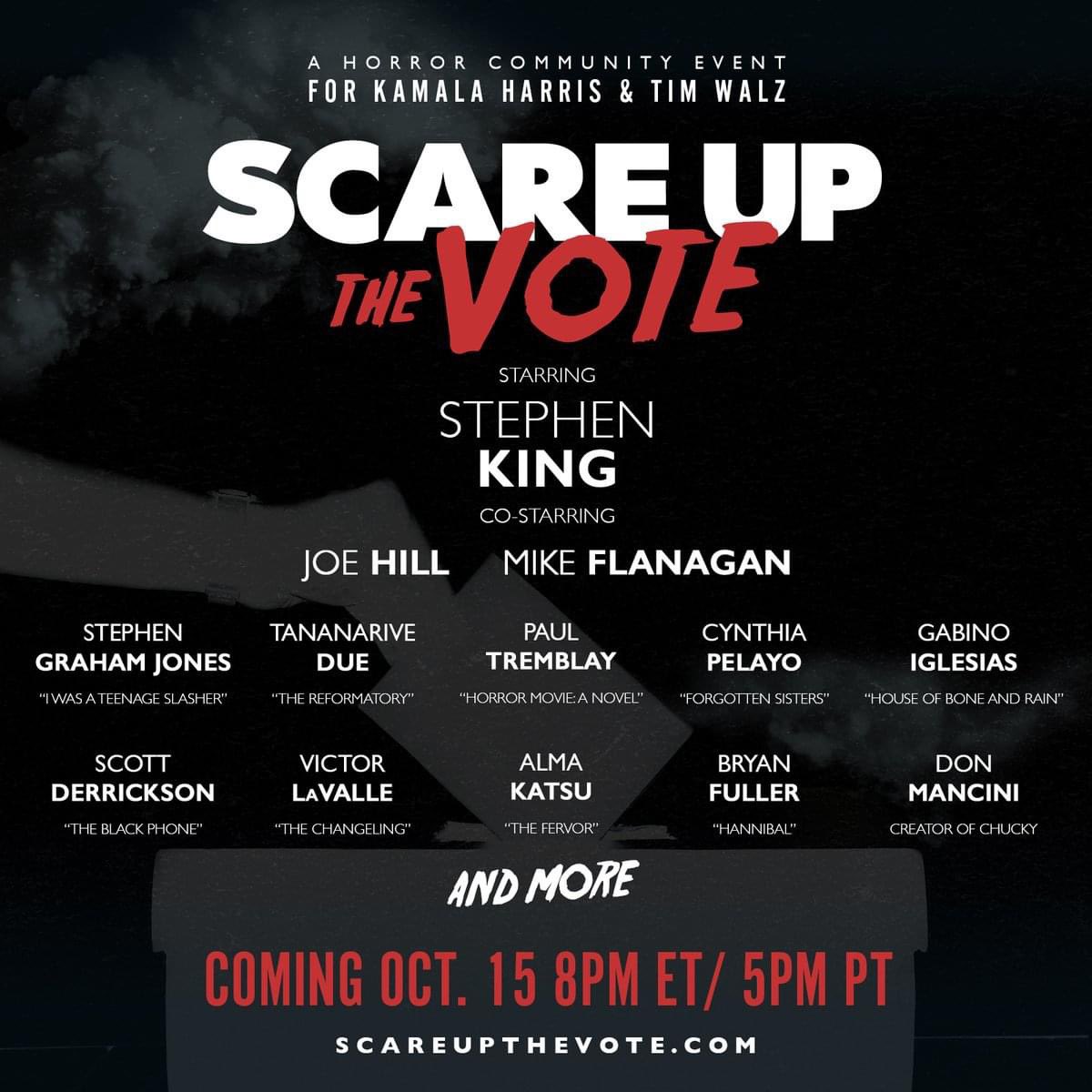 Gabino Iglesias (@gabino_iglesias) on Twitter photo Look at that lineup. <a href="/StephenKing/">Stephen King</a>. @SGJ72. <a href="/TananariveDue/">@tananarivedue.bsky.social</a>. <a href="/almakatsu/">Alma Katsu - THE SPY WHO VANISHED is here!</a>. <a href="/victorlavalle/">Victor LaValle</a>. <a href="/paulGtremblay/">Paul Tremblay</a>. Just the tip of the iceberg. Come hang out with us! I get back from France late on the 14th, but I’ll be there, jet lagged but more than ready to #ScareUpTheVote Look at that lineup. <a href="/StephenKing/">Stephen King</a>. @SGJ72. <a href="/TananariveDue/">@tananarivedue.bsky.social</a>. <a href="/almakatsu/">Alma Katsu - THE SPY WHO VANISHED is here!</a>. <a href="/victorlavalle/">Victor LaValle</a>. <a href="/paulGtremblay/">Paul Tremblay</a>. Just the tip of the iceberg. Come hang out with us! I get back from France late on the 14th, but I’ll be there, jet lagged but more than ready to #ScareUpTheVote