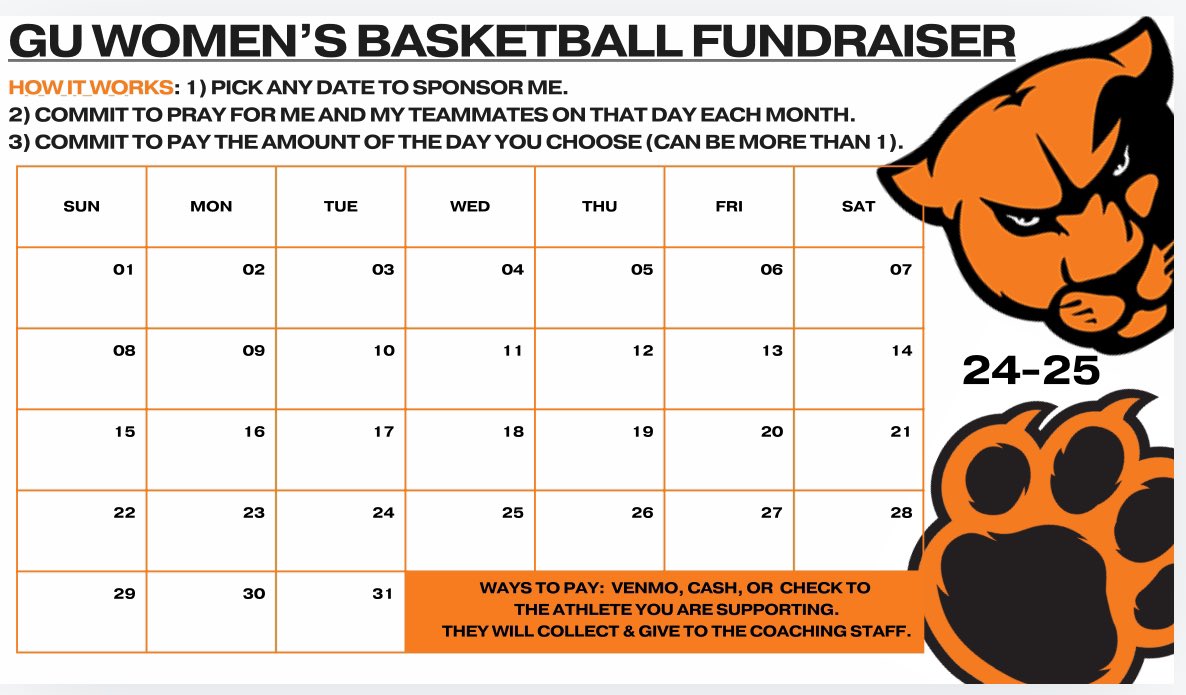 Greenville WBB (@guwbball) on Twitter photo This fall we are asking our players to fill up a calendar of prayer/donations. Please ask your favorite player about their calendar! If you don’t know a player personally but want to commit to praying and/or a donation, send us a DM! Thank you! #wenotme #gopanthers🐾 This fall we are asking our players to fill up a calendar of prayer/donations. Please ask your favorite player about their calendar! If you don’t know a player personally but want to commit to praying and/or a donation, send us a DM! Thank you! #wenotme #gopanthers🐾