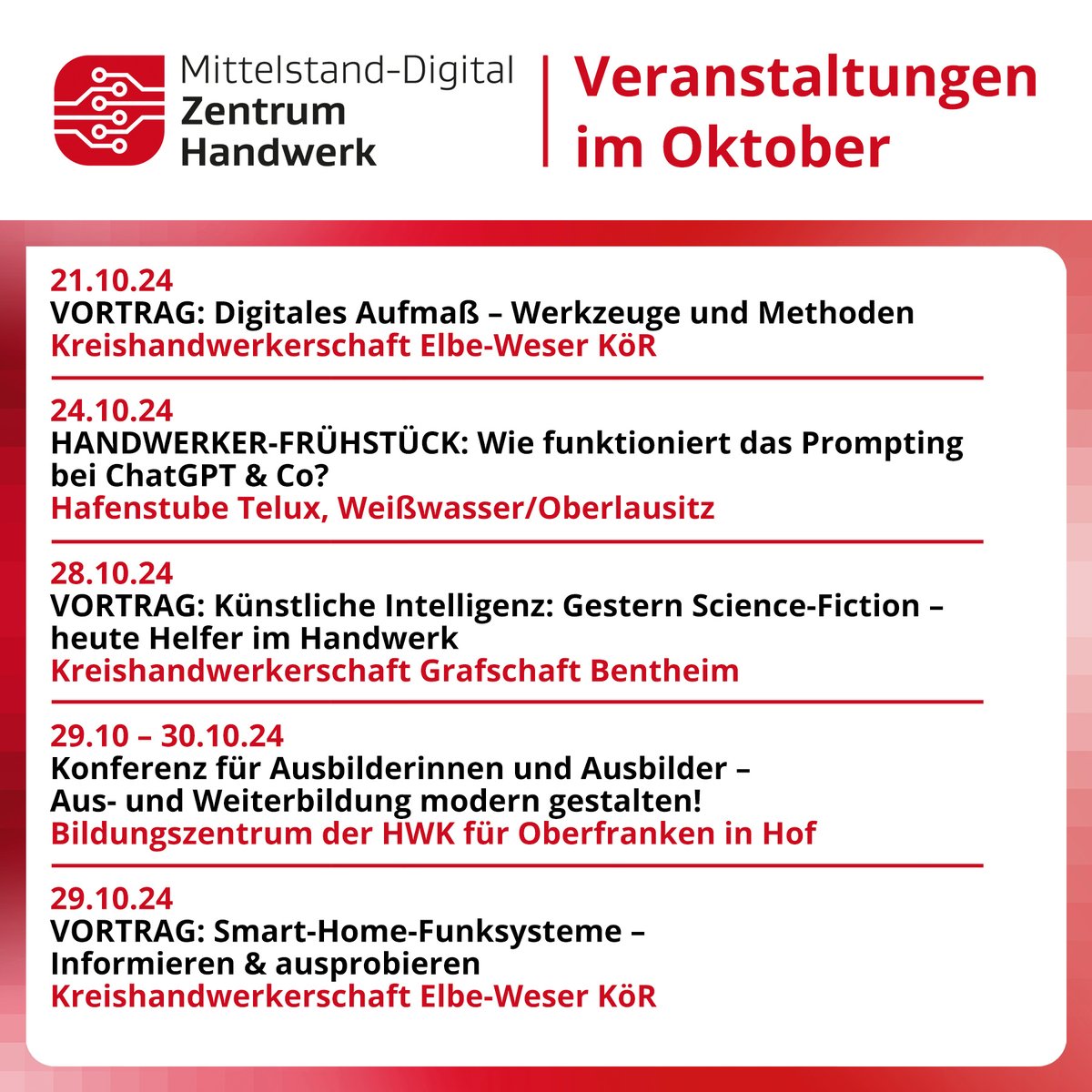 📅 Unsere #Veranstaltungen für #Oktober sind online handwerkdigital.de/Veranstaltungen, diesmal zu den Themen #KünstlicheIntelligenz 🤖, #DigitalesAufmaß 📐, #Prompting für ChatGPT &amp; Co. 💬 und #SmartHome 🏡. 👉Direkt anmelden!