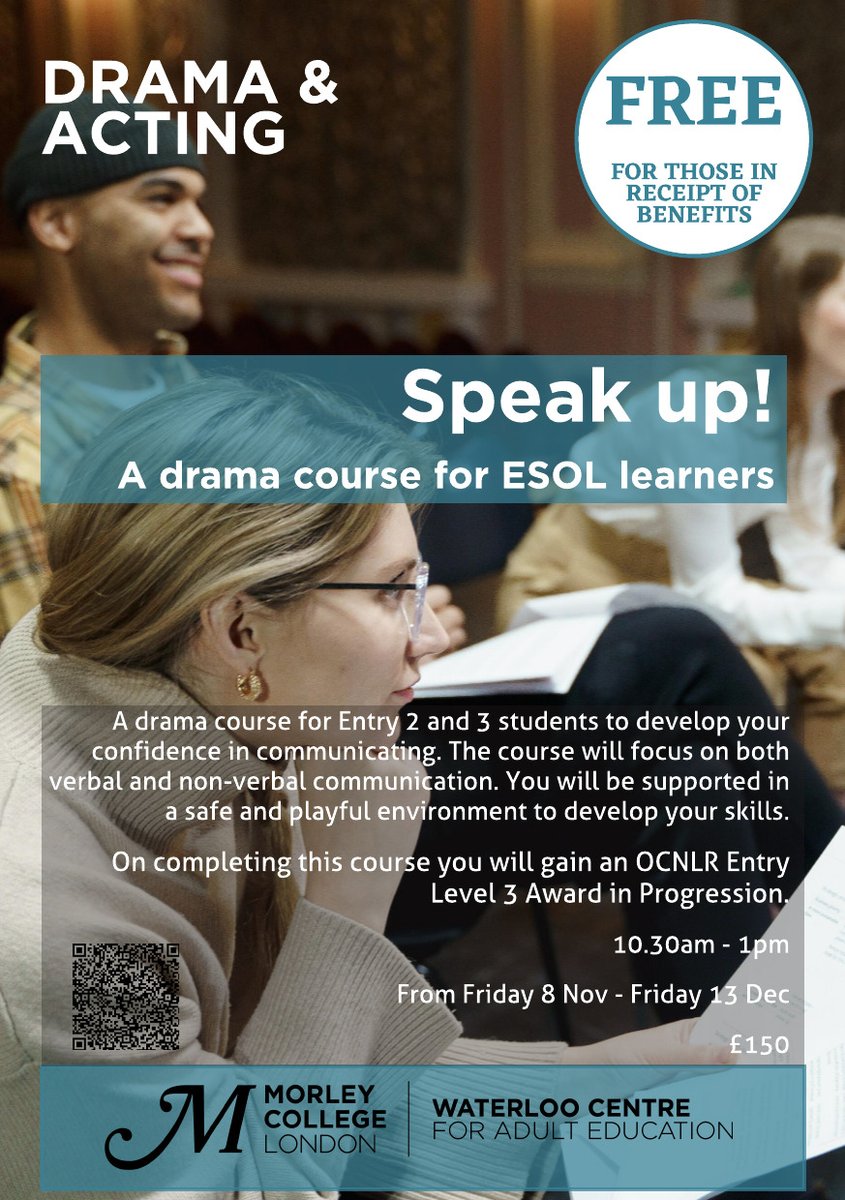 We are offering a FREE course to anyone on benefits who is learning to speak English! Come and join us for this fun and inclusive course. morleycollege.ac.uk/courses/course…