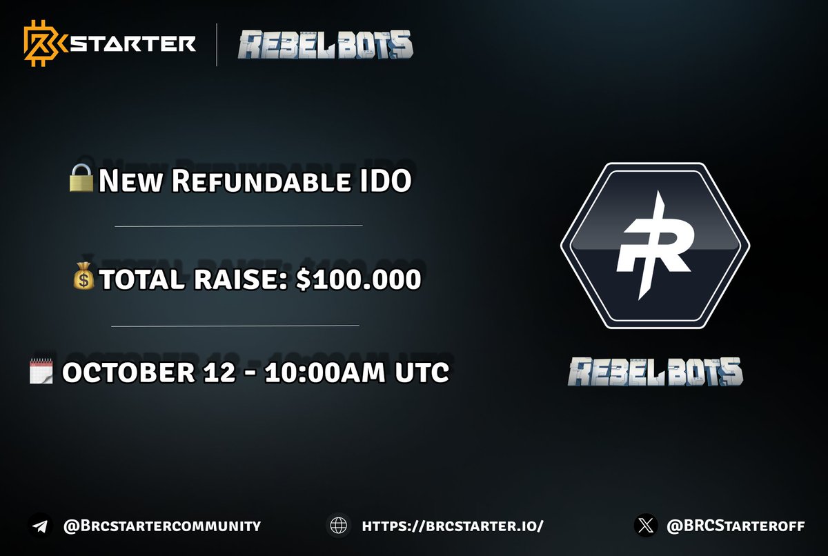 BRCStarteroff's tweet photo. BRCStarters,
We are glad to inform you that @REBEL_BOTS has chosen BRCStarter for their Public round!
Rebels Bots Studio is a gaming development studio that aims to harness the power of Web3 technology to elevate gaming experiences to new levels.
Impressive numbers for Rebels Bots Epic War:
🔥Passed the 200,000 INSTALLS mark between Android and IOS!
🔥Over 200,000 followers on X
🔥Over 260,000 followers on Telegram
$RBAX token is a utility token that will be used in a variety of games under the Rebel Bots brand!
Full pool and registration details will be announced soon! 🔥
🗓 Date & Time: October 12 at 10:00 AM UTC
🏦 Total raise: 100.000 USDT
✔️ Vesting: 30% unlock at TGE, 23.33% Monthly
🔒 Refundable: Yes, 72 Hours
🚀 Listing: October 17 2024 - 12:00 PM UTC
To learn more:
Website: https://t.co/Oiq5rfWIk7
Game Website: https://t.co/P2fAXhwsRk
X: https://t.co/PcYjXzHKoP
TG Ann.: https://t.co/nELTwI63lR
TG Chat: https://t.co/CSAYAI5cAR
Medium: https://t.co/gOml35sgs8
#BRCStarter #RebelsBotsStudio #Refundable #IDO