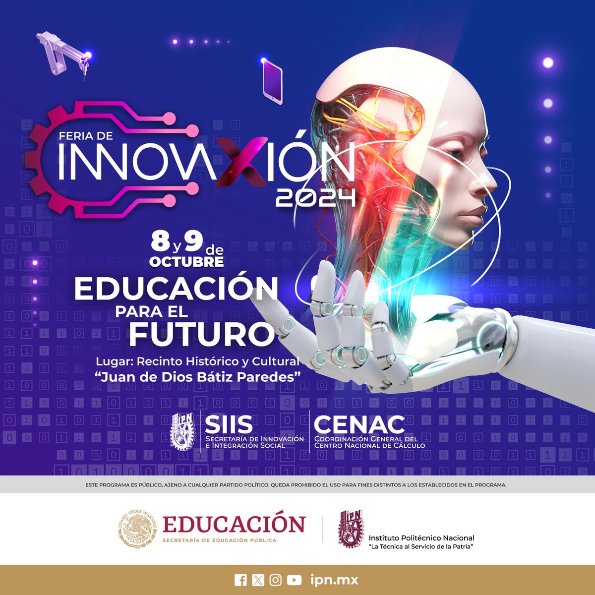 IPN_MX's tweet photo. Te esperamos este 8 y 9 de octubre en la Feria de Innovaxión 2024 "Educación para el Futuro", organizada por la @SIIS_IPN y el #CENAC, en donde exhibiremos nuestros servicios científicos y tecnológicos para fortalecer el vínculo con el sector público, privado y social. 🧪📷🔬 https://t.co/OewXwJi0I1