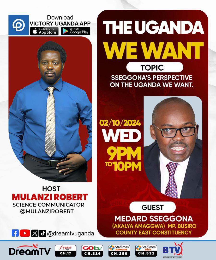 dreamtvug's tweet photo. Hon. Medard Sseggona will be sharing with us his perspective on The Uganda We Want with Mulanzi.
#TheUgWeWant https://t.co/EI19iw4pnO