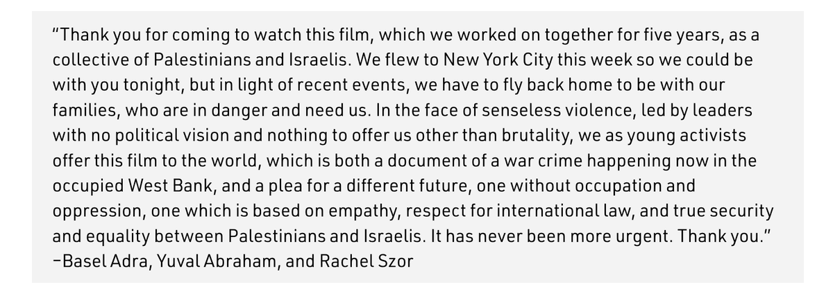 Preceding last night's NYFF62 screening of NO OTHER LAND, co-director Yuval Abraham explained in urgent detail why the filmmaking collective would no longer be able to participate in the Q&amp;A and planned free Talk.

Watch his intro and read their statement: filmlinc.org/nyff2024/daily…