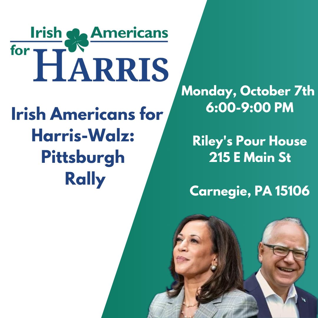 Join Irish Americans for Harris in Pittsburgh as we rally ahead of Election Day! 

Sign up ☘️➡️ events.democrats.org/event/713840/