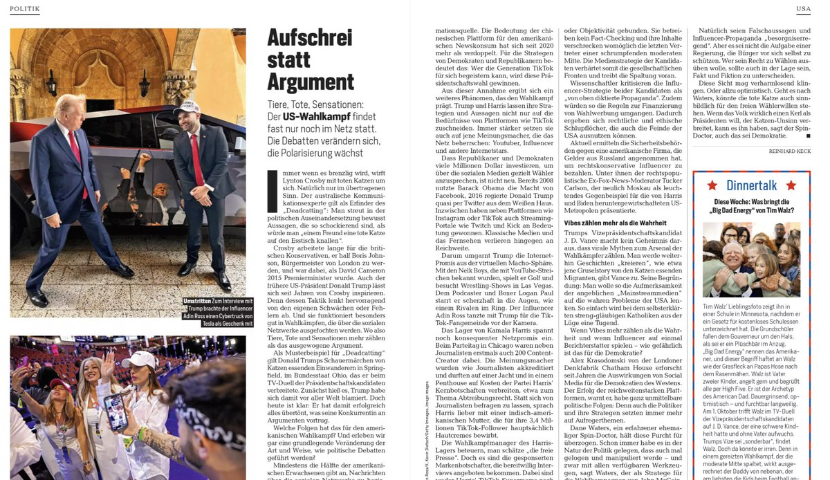 Vibes, tote Katzen, Influencer: Wie der US-Wahlkampf im Netz die politische Debatte verändert. Mein Report für <a href="/FOCUS_Magazin/">FOCUS</a> 
go.readly.com/magazines/63a0…