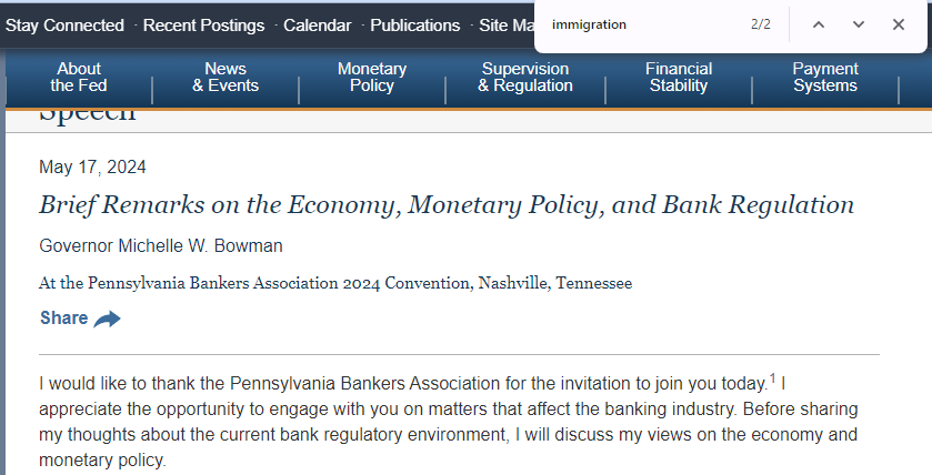 JustinWolfers's tweet photo. @JDVance This speech was about "the current bank regulatory environment." It only mentions of "immigration" twice: The first says it may have led to lower inflation, and the second says that it may lead to higher inflation.

(It hard to know b/c immigrants boost both  demand and supply.) https://t.co/gXrvNJ99RX