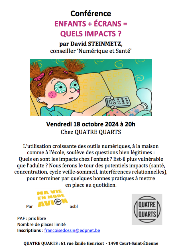 📢Prochaine conférence ECRANS + ENFANTS = quels impacts ? 
vendredi 18/10 au Quatre Quart ! 🥳