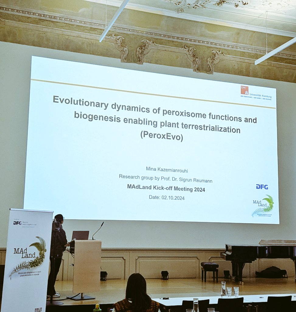 MadLand (@watertoland) on Twitter photo Mina Kazemianrouhi from the Reumann lab at <a href="/unihh/">Universität Hamburg</a> sharing insights about PeroxEvo: The Evolutionary dynamics of
peroxisome functions and biogenesis enabling plant terrestrialization #MAdLand2024 Mina Kazemianrouhi from the Reumann lab at <a href="/unihh/">Universität Hamburg</a> sharing insights about PeroxEvo: The Evolutionary dynamics of
peroxisome functions and biogenesis enabling plant terrestrialization #MAdLand2024