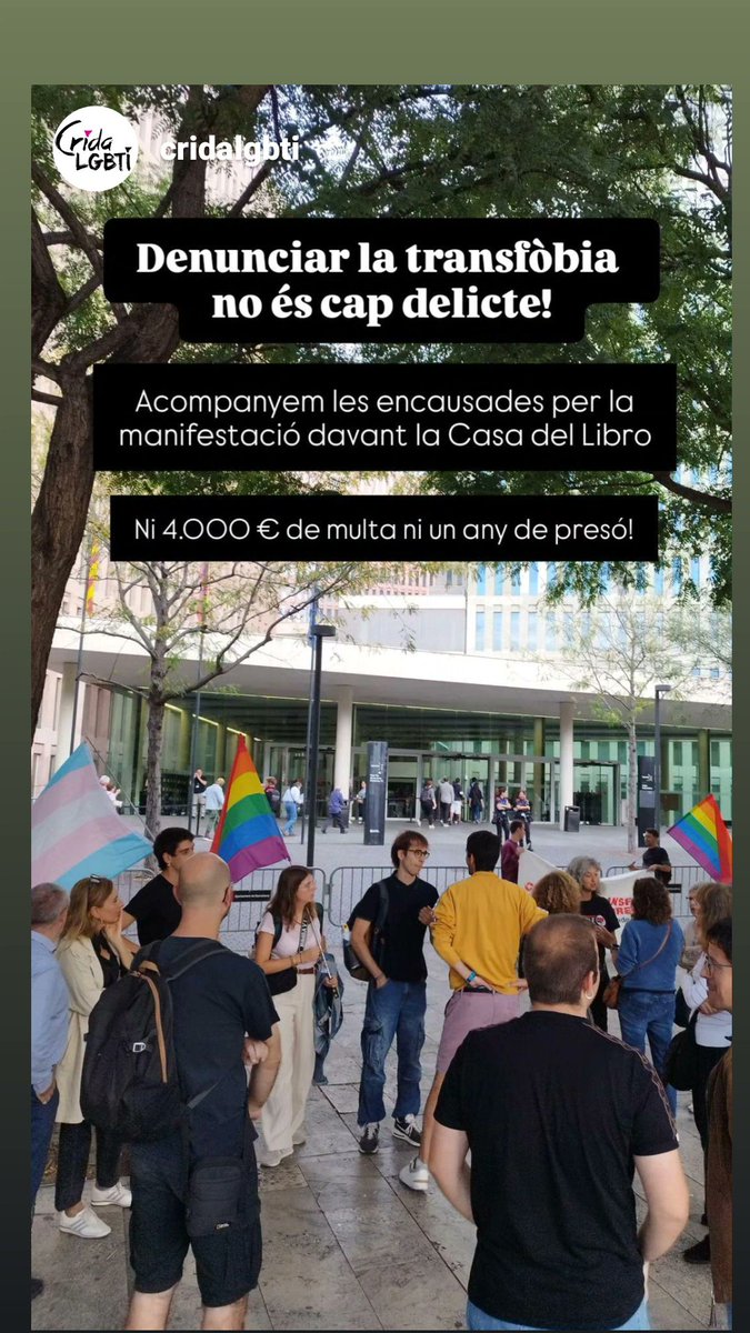 🏛️ Avui tenim cita solidària a la Ciutat de la Justícia ✊🏽

Un procés judicial més instat pels <a href="/mossos/">Mossos</a> per coaccionar el dret de protesta. 

👉🏽 Contra la transfòbia, tot el suport a <a href="/alpuntdemira_/">AlPuntDeMira</a> i a la <a href="/CridaLGBTI/">Crida LGBTI ✊🏳️‍🌈🇵🇸</a> !