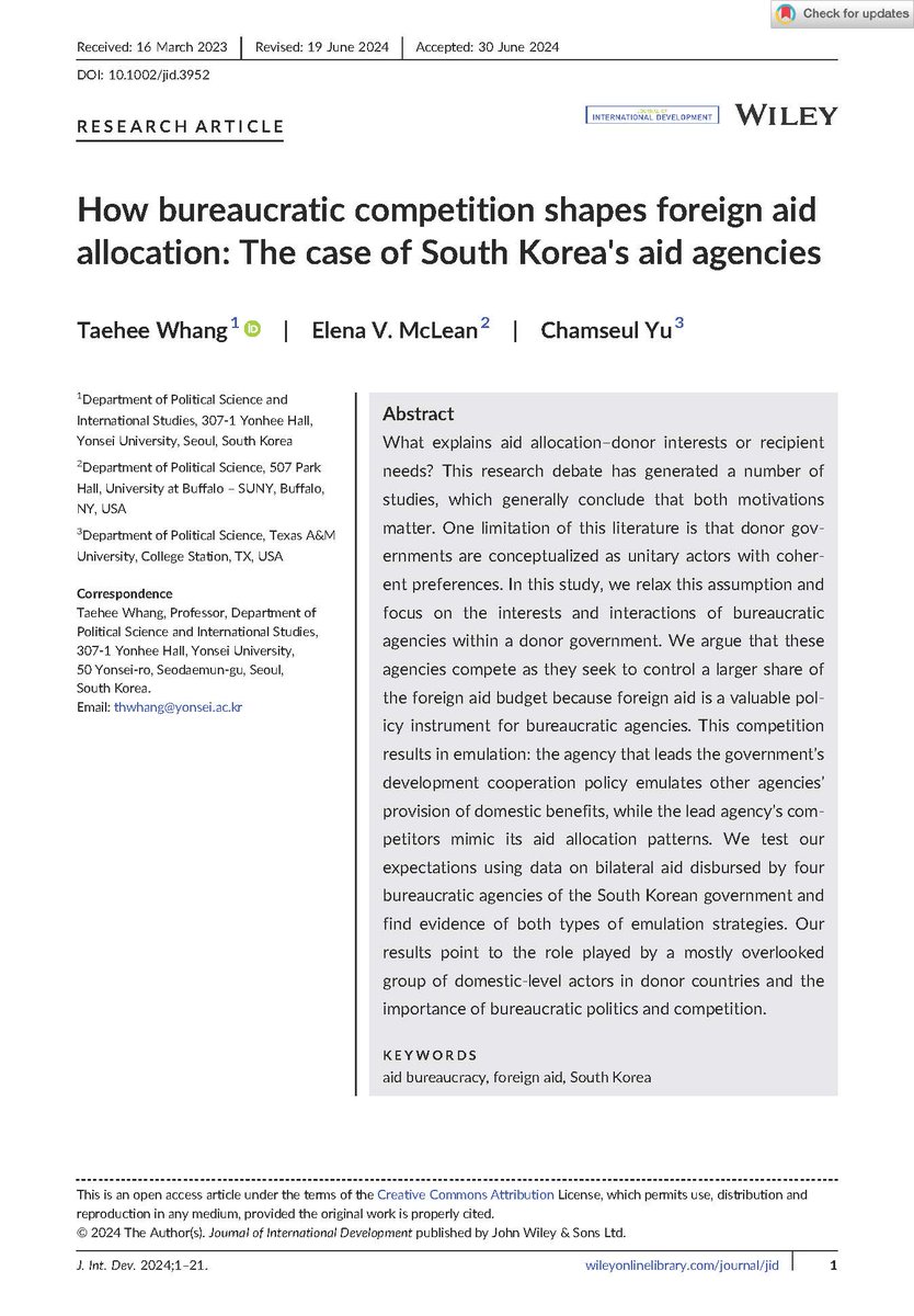 cham3_yu's tweet image. Excited to announce the release of my new publication at Journal of International Development with Taehee Whang and Elena V. McLean.  

In this paper, we examine an overlooked determinant of foreign aid: bureaucratic politics and competitions in donors.

onlinelibrary.wiley.com/doi/epdf/10.10…