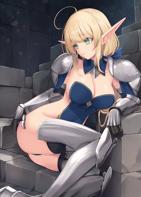 青リボンレオタード両手足鎧女騎士金髪アホ毛ローポニーテールエルフ 