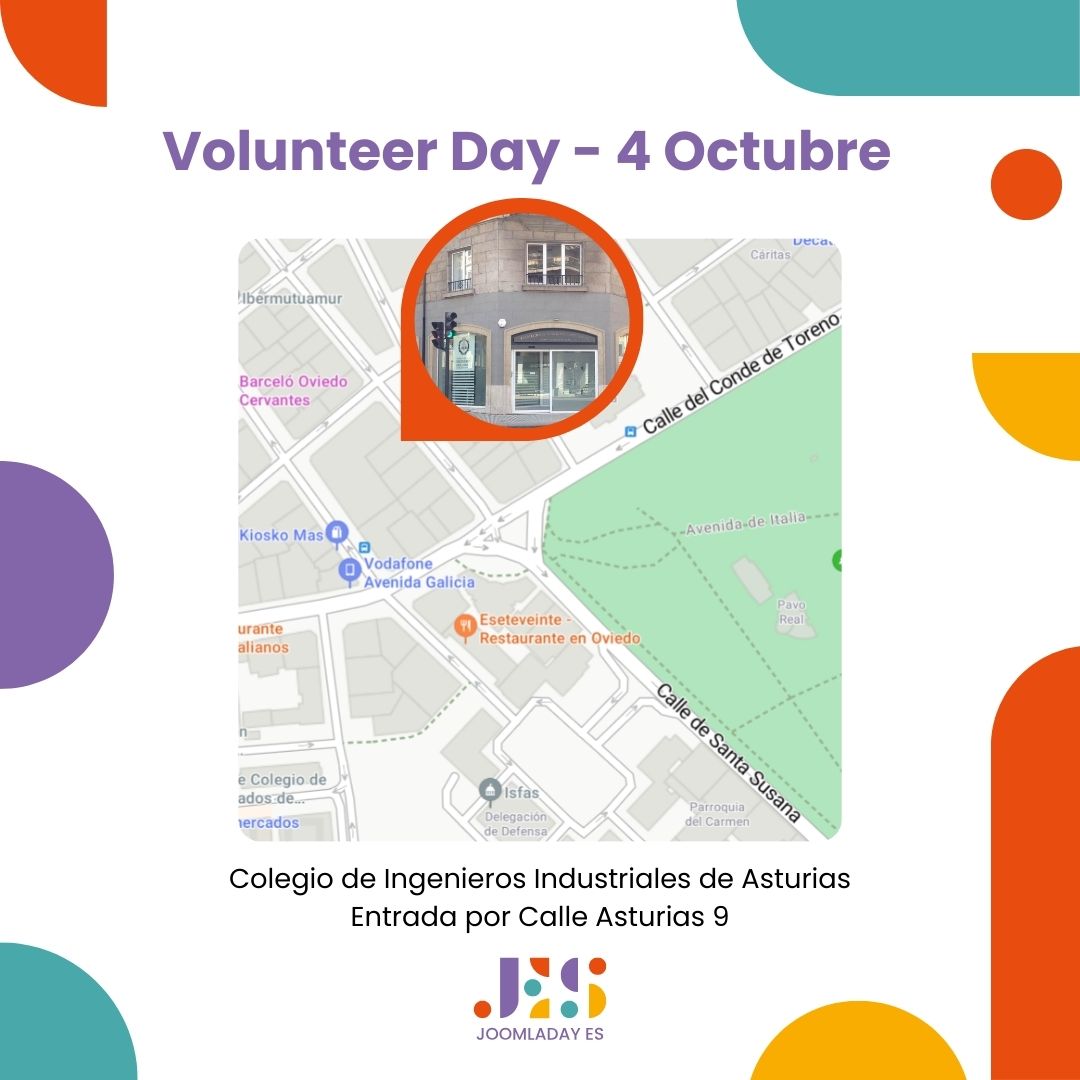 Te esperamos en el Volunteer Day este viernes 4 de octubre en el Colegio de Ingenieros Industriales de Asturias

📍 Lugar: Entrada por Calle Asturias 9, 1 E
🕓 Hora: El taller comienza a las 16:00

#JoomlaDayES2024 #DesarrolloWeb #Oviedo #asturiasparaisonatural