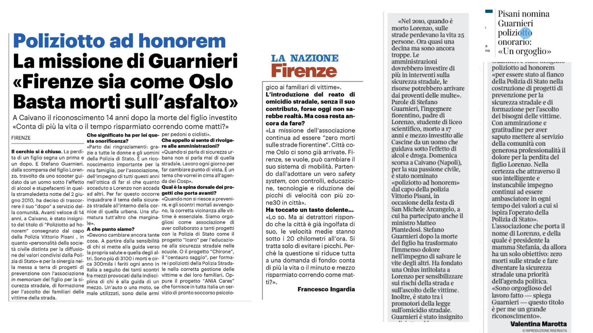 Ieri ho avuto la possibilità con la stampa locale di ribadire alcuni concetti per me importanti su #sicurezzastradale
(1) ZERO vittime sulla strada non è un concetto assurdo ma una realtà possibile in città come Firenze
(2) La sicurezza stradale è un problema di sicurezza urbana