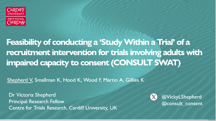 Victoria Shepherd (@vickylshepherd) on Twitter photo Lots of <a href="/consult_consent/">CONSULT Study</a> today #ICTMC2024 - starting with parallel session on SWATs with <a href="/getkarenbracken/">Karen Bracken</a> <a href="/adwoa_parker/">Dr Adwoa Parker</a> & others, presenting feasibility stage of CONSUL SWAT
@ictmc2024 <a href="/CTRCardiffUni/">CTRCardiffUni</a> <a href="/ResearchWales/">Health and Care Research Wales</a>
Recruiting host trials now! More info: capacityconsentresearch.com/consult-swat.h… Lots of <a href="/consult_consent/">CONSULT Study</a> today #ICTMC2024 - starting with parallel session on SWATs with <a href="/getkarenbracken/">Karen Bracken</a> <a href="/adwoa_parker/">Dr Adwoa Parker</a> & others, presenting feasibility stage of CONSUL SWAT
@ictmc2024 <a href="/CTRCardiffUni/">CTRCardiffUni</a> <a href="/ResearchWales/">Health and Care Research Wales</a>
Recruiting host trials now! More info: capacityconsentresearch.com/consult-swat.h…
