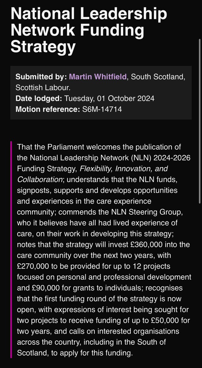 A huge thank you to <a href="/_MWhitfield/">Martin Whitfield MSP</a> for putting forward a motion in the Scottish Parliament welcoming and recognising our new funding strategy which launched last week. 

You can see the motion here: parliament.scot/chamber-and-co… 

You can read our strategy here: …onalleadershipnetwork.squarespace.com/nln-strategies