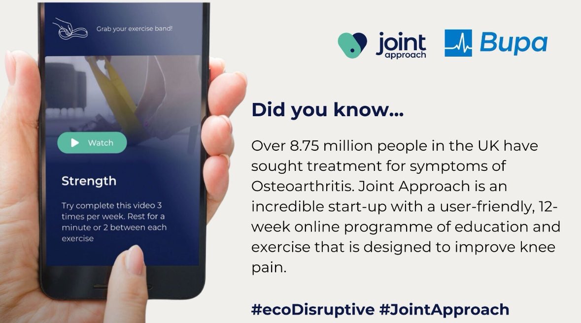 Absolutely thrilled to win backing from <a href="/Bupa/">Bupa</a> for <a href="/JApproach/">Joint Approach</a> 🙌🏻🙌🏻

Our expert online multidisciplinary solution for knee OA is clinically proven to ⬇️ joint pain &amp; ⬆️function. 

We’ll be working with BUPA on their #ecoDisruptive 2024 programme, which is focussed on finding