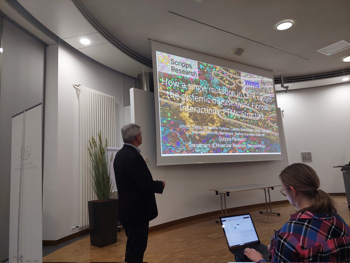GDCh_BioChem's tweet image. Great talk by @JohnRYatesIII at #GDChBioChem2024 #Biochemistry2024. He talked about his research into better understanding the molecular basis of cystic fibrosis based on a single amino acid deletion in CFTR, which affects interactions, PTMs and structure. science.org/doi/10.1126/sc…