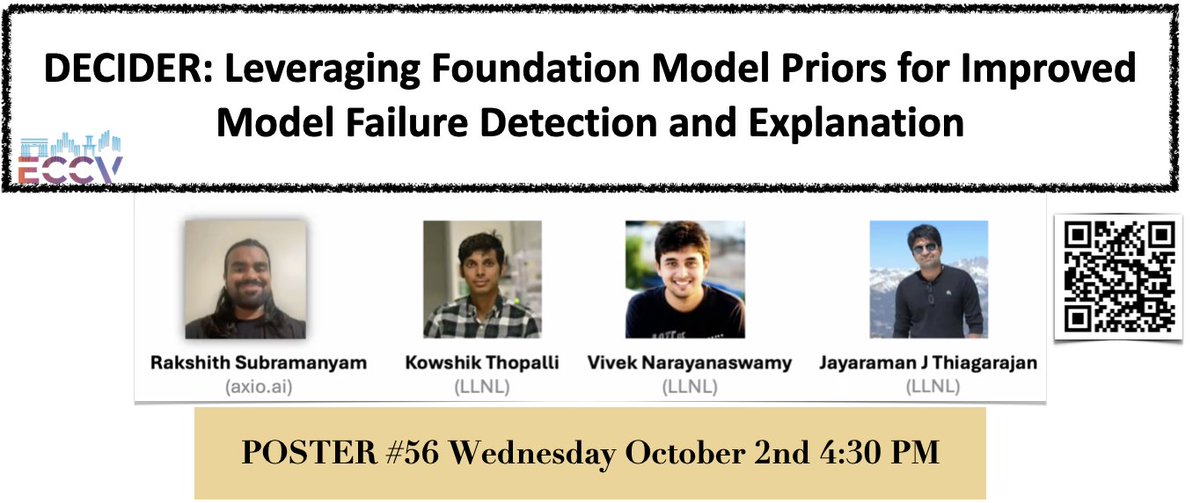 I am excited to present our work on proactively identifying failures of image classifiers by leveraging LLMs and VLMs at #ECCV2024 today at 4:30 PM.
Project Website is here kowshikthopalli.github.io/DECIDER and codes will be released soon. Come see our poster!