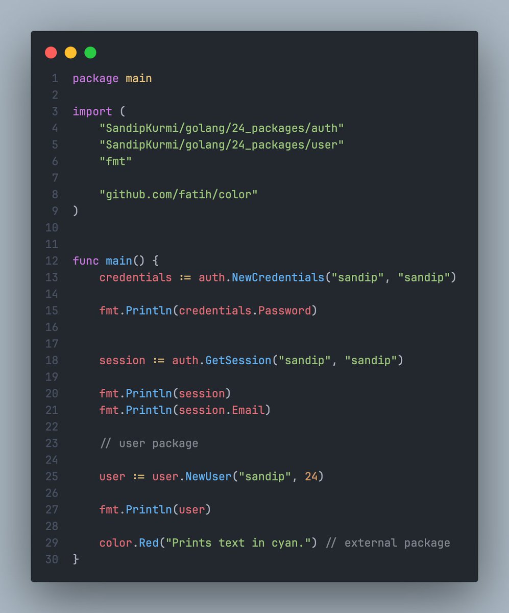 sandipkurmi0's tweet image. 📦 Step 29: Organizing code with packages in #Golang!
Create reusable code by using packages
Keep your code clean and modular! 🚀 #GoLang #GolangLearning #100DaysOfCode #DevJourney #Packages